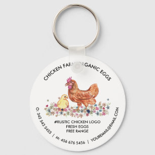 Watercolor Chicken Farm Logo Organic Fresh Eggs Keychain