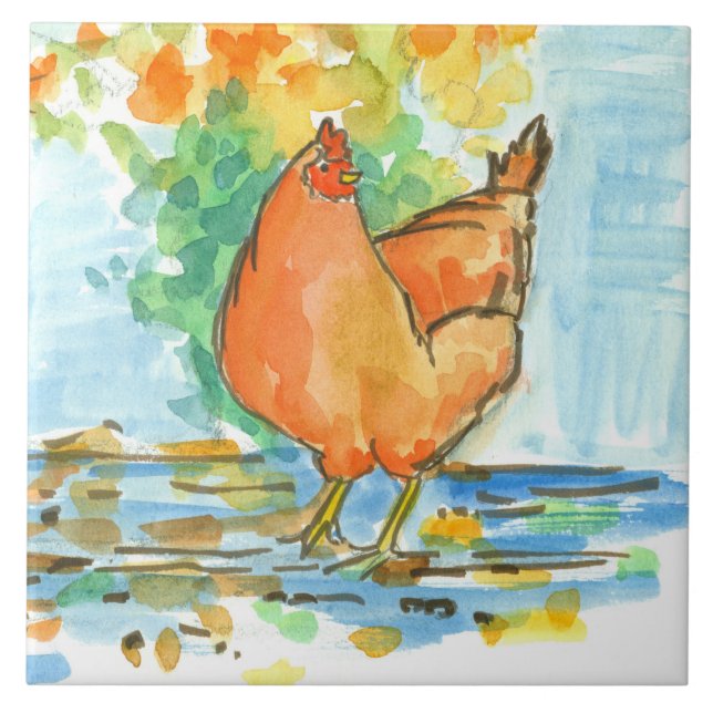 Watercolor Chicken Hen Autumn Leaves Tile (Front)