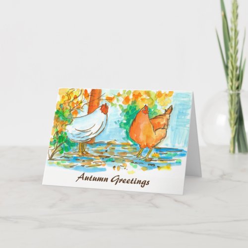 Watercolor Chicken Hens Autumn Greetings Card