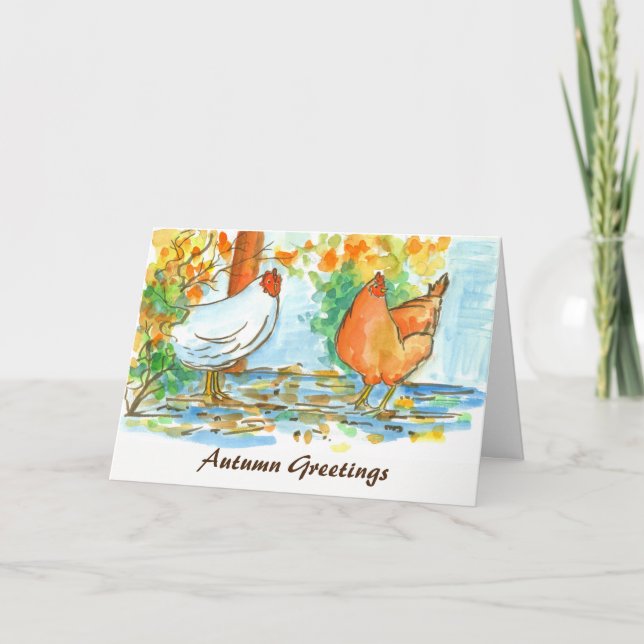Watercolor Chicken Hens Autumn Greetings Card (Front)