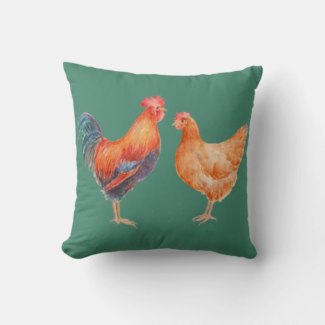 Watercolor Chicken Rooster and Hen Pillow (Front)