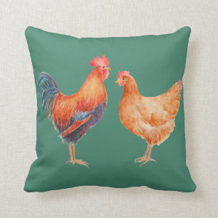 Watercolor Chicken Rooster and Hen Pillow