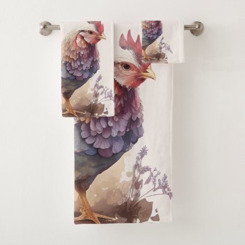 Watercolor Chicken Rustic Farmhouse Bath Towel Set