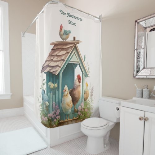 Watercolor Chicken Rustic Farmhouse Shower Curtain