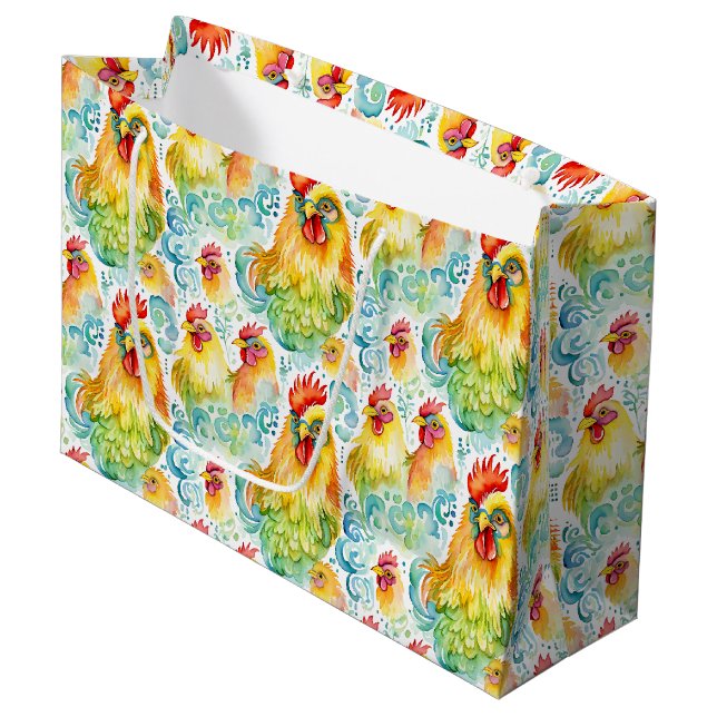 Watercolor Chickens Colorful Birthday Large Gift Bag (Front Angled)