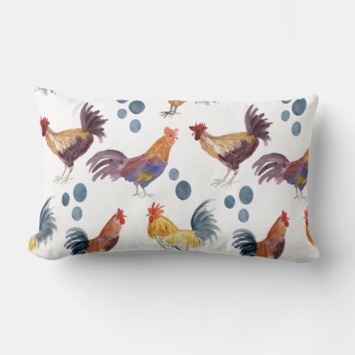 Watercolor Chickens Colorful Lumbar Pillow