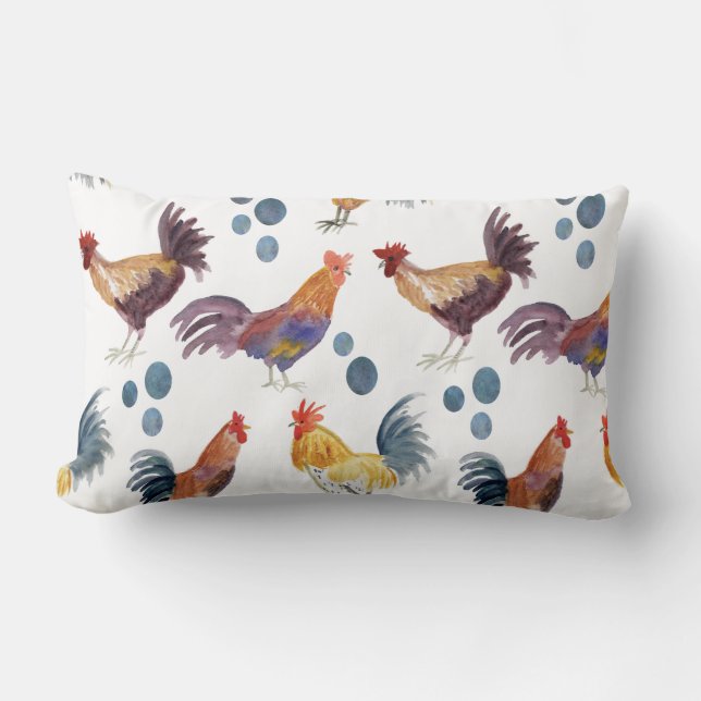 Watercolor Chickens Colorful Lumbar Pillow (Front)
