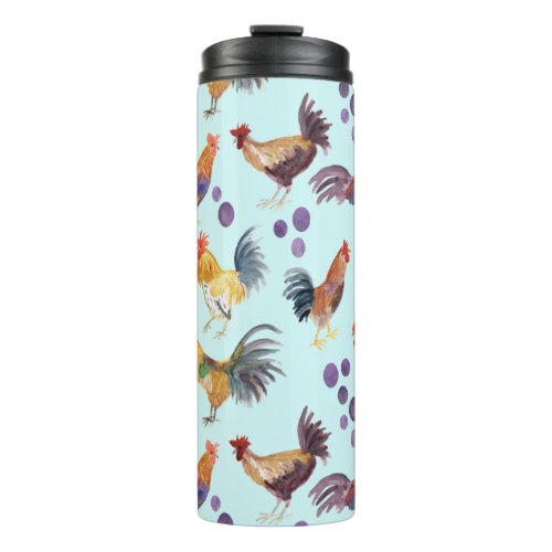 Watercolor Chickens Eggs Barnyard Hens Purple Blue Thermal Tumbler