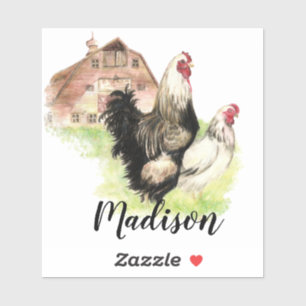 Watercolor Chickens Farm Animal art Custom Name Sticker