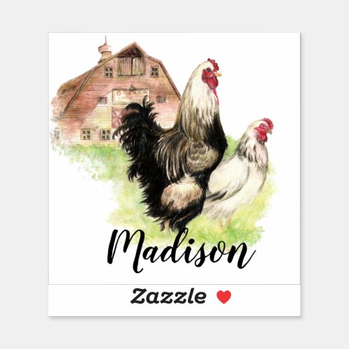 Watercolor Chickens Farm  Animal art Custom Name Sticker