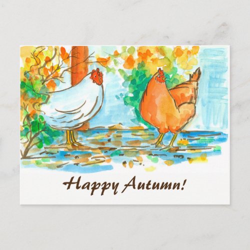 Watercolor Chickens Happy Autumn Postcard