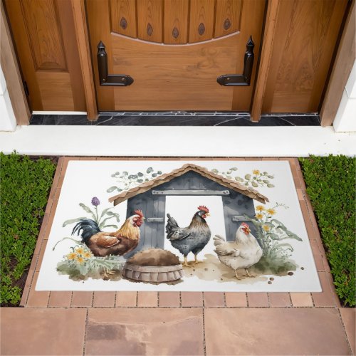 Watercolor Chickens in Coop Doormat