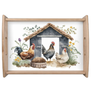 Watercolor Chickens in Coop Serving Tray