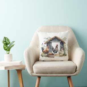 Watercolor Chickens in Coop Throw Pillow