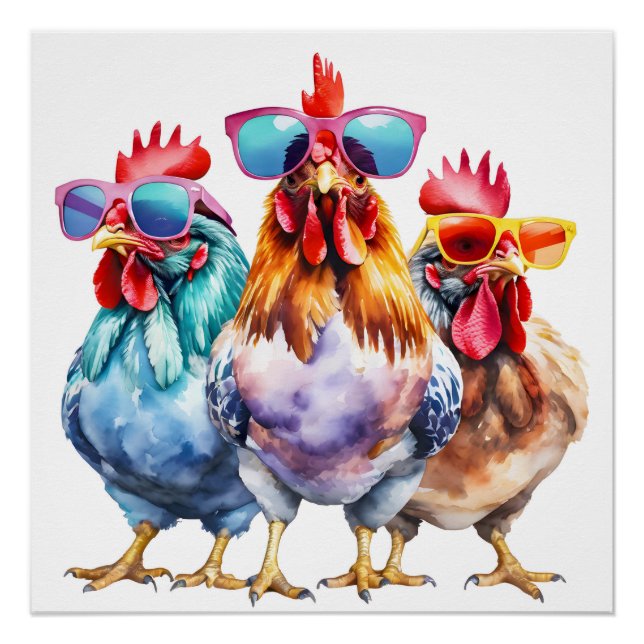 Watercolor Chickens Wearing Big Sunglasses Poster (Front)