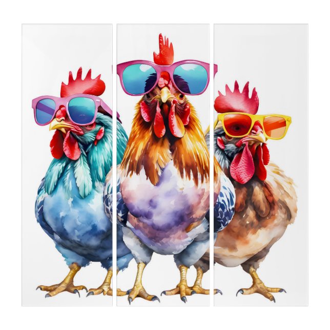 Watercolor Chickens Wearing Big Sunglasses Triptych (Front)