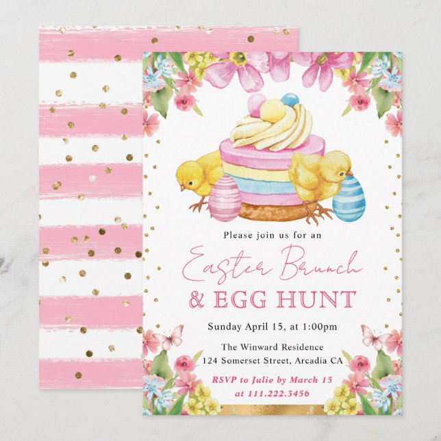 Watercolor Chicks and Cake Spring Easter Brunch Invitation (Front/Back)