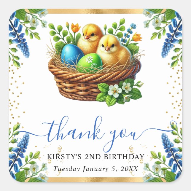 Watercolor Chicks Spring Flowers Birthday Square Sticker (Front)