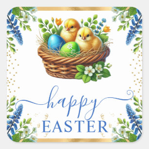 Watercolor Chicks Spring Flowers Happy Easter Square Sticker