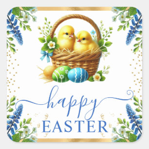 Watercolor Chicks Spring Flowers Happy Easter Square Sticker