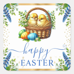 Watercolor Chicks Spring Flowers Happy Easter Square Sticker