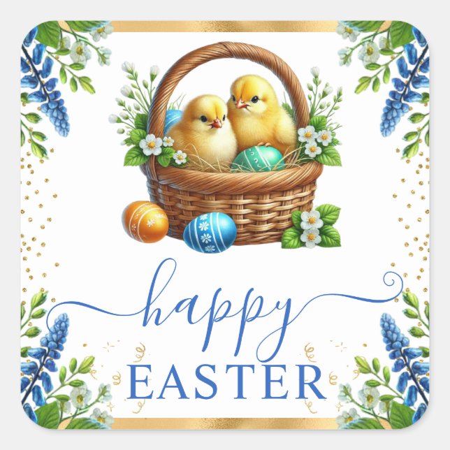 Watercolor Chicks Spring Flowers Happy Easter Square Sticker (Front)