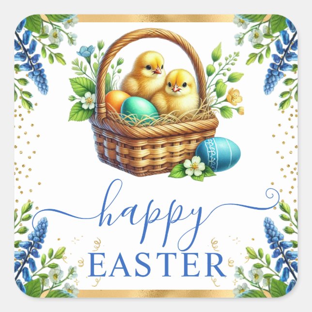Watercolor Chicks Spring Flowers Happy Easter Square Sticker (Front)