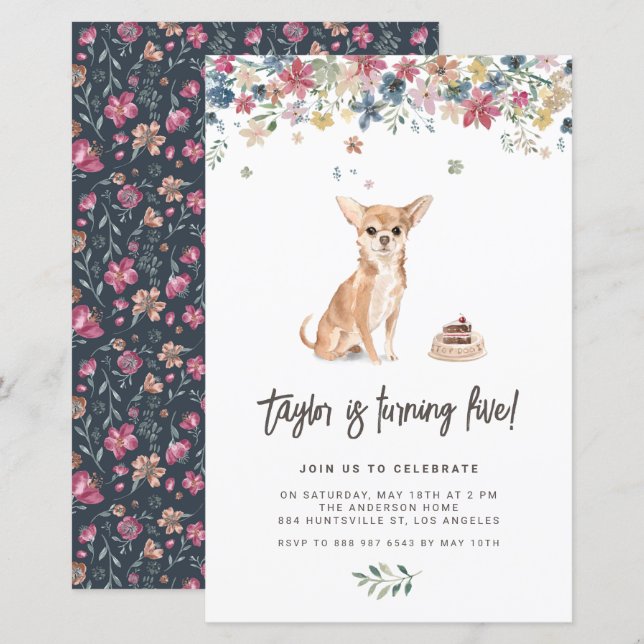 Watercolor Chihuahua Dog Birthday Invitation (Front/Back)
