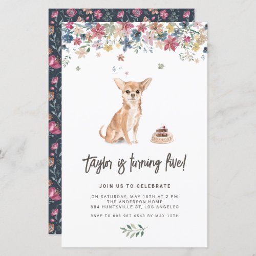Watercolor Chihuahua Dog Birthday Invitation