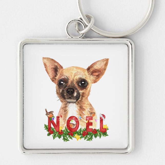 Watercolor Chihuahua Noel Christmas  Keychain (Front)