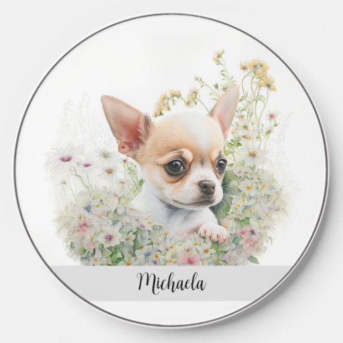 Watercolor Chihuahua Puppy Floral Personalized Wireless Charger