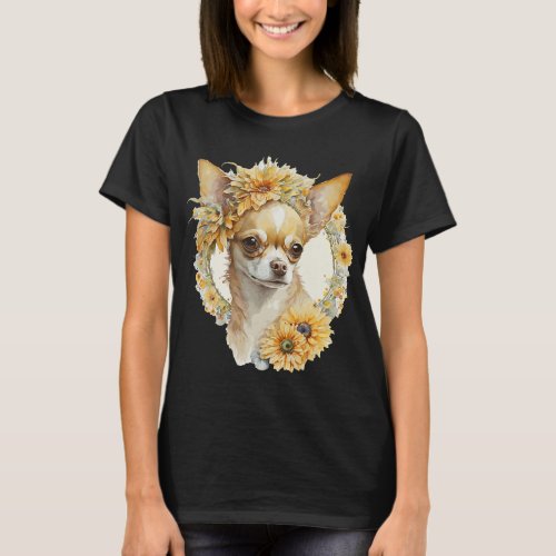 Watercolor Chihuahua Sunflower Dog Breed Pet Puppy T_Shirt