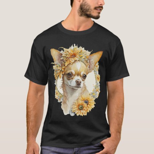 Watercolor Chihuahua Sunflower Dog Breed Pet Puppy T_Shirt