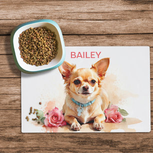Watercolor Chihuahua with Pink Roses Dog Food Mat