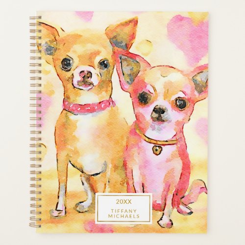 Watercolor Chihuahuas In Love Cute Pink Dogs Planner