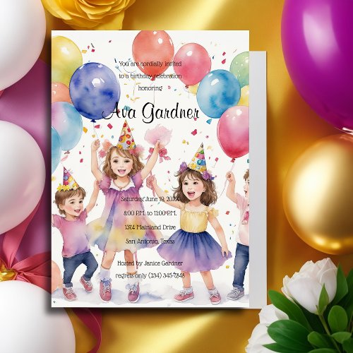 Watercolor Children Celebrating Birthday Invitation