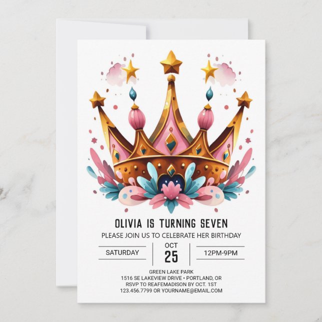 Watercolor Children Princess Crown Birthday Invitation (Front)