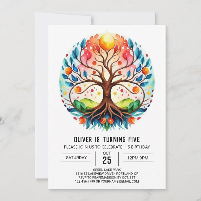 Watercolor Children Tree of Life Birthday Invitation (Front)