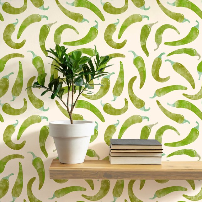 Watercolor Chili Pepper Green Cream Wallpaper (Hot and spicy watercolor green chili pepper pattern art wallpaper)