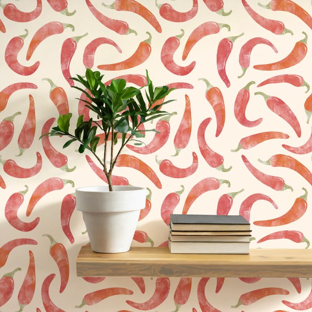 Watercolor Chili Pepper Red Cream Wallpaper (Hot and spicy red chili pepper watercolor pattern art wallpaper)