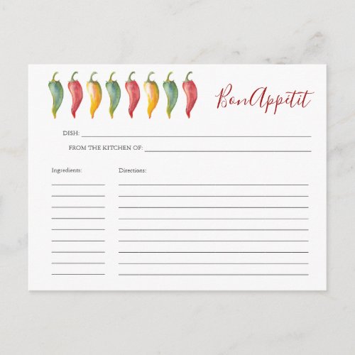 Watercolor Chili Peppers Recipe Card