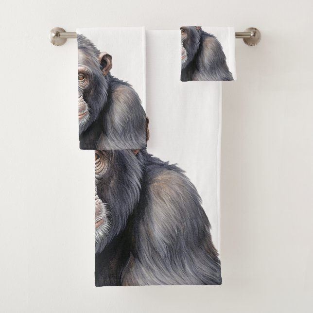 Watercolor chimpanzee monkey painting art bath towel set (Insitu)