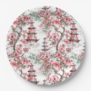 Watercolor Chinese Pagoda - Cherry Blossoms (10) Paper Plates