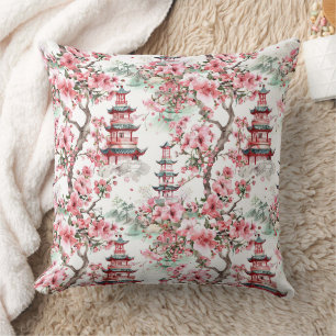 Watercolor Chinese Pagoda - Cherry Blossoms (10) Throw Pillow
