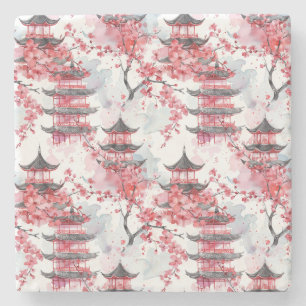 Watercolor Chinese Pagoda with Cherry Blossoms (2) Stone Coaster