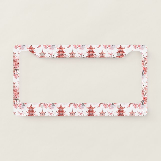 Watercolor Chinese Pagoda with Cherry Blossoms (3) License Plate Frame (Front)