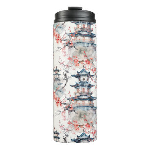 Watercolor Chinese Pagoda with Cherry Blossoms (4) Thermal Tumbler