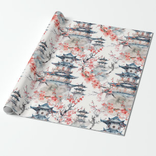 Watercolor Chinese Pagoda with Cherry Blossoms (4) Wrapping Paper