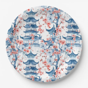 Watercolor Chinese Pagoda with Cherry Blossoms (5) Paper Plates