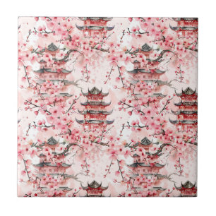 Watercolor Chinese Pagoda with Cherry Blossoms (7) Ceramic Tile
